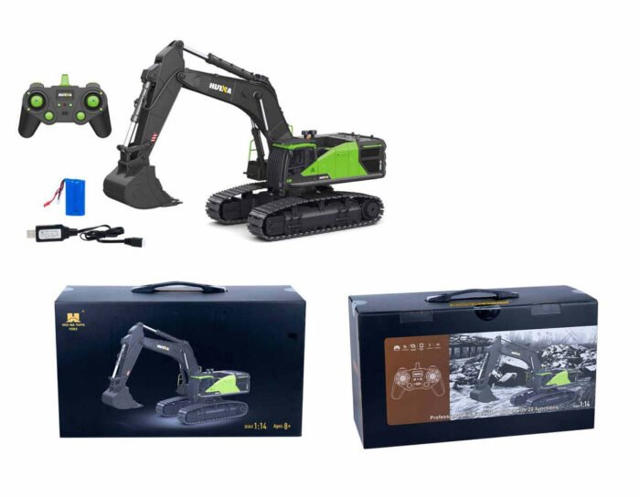 Huina-RC Excavator Toy, Crawler Cars, Tractor, Automatic Remote Control, Radio Control, Truck, Digger, Engineering Vehicle, Toy, 22 Functions 1:14 Black & Green - Image 2